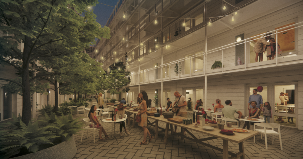 Rendering of the proposed Vienna House central courtyard, depicting residents using the space for a summer community gathering.